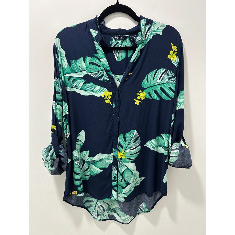 Life Style Womens Tropical Monstera Leaf Print Roll Tab Rayon Shirt Navy Large